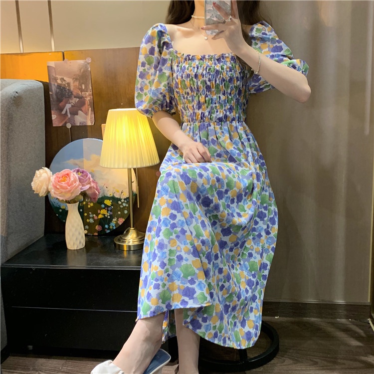 2022 New Fashion Korean Style Chiffon Floral Print Casual Midi Dress Pink Blue Summer Short Sleeve Sexy Off Shoulder Women Beach Bali Dresses 2023t