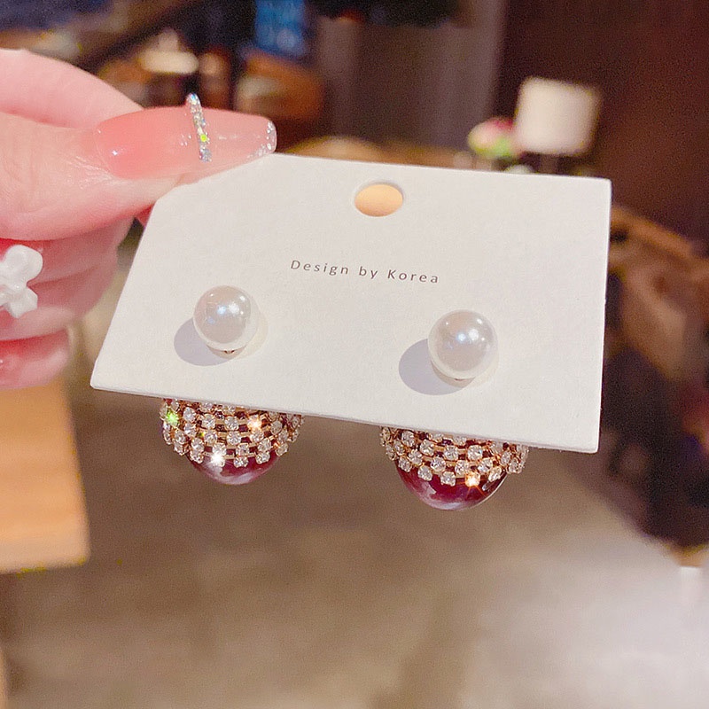 Anting Stud Desain Ceri Merah Aksen Berlian Imitasi Bahan 925 Silver Needle