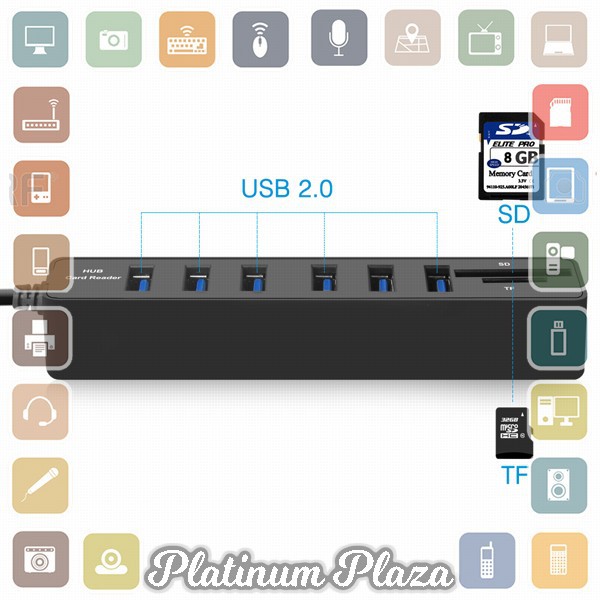 2 in 1 USB Hub 6 Port Combo Card Reader SD/TF Card - CB220602 - Black`I68PBP-