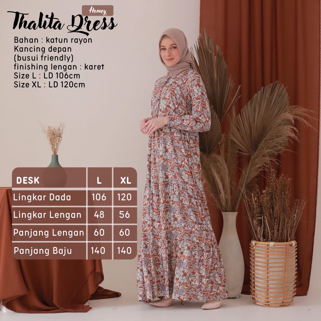 New - Gamis Dewasa Jumbo/Homey Dress Thalita XL-Bahan Katun Rayon Premium Motif Flower-Busana Muslimah Dewasa