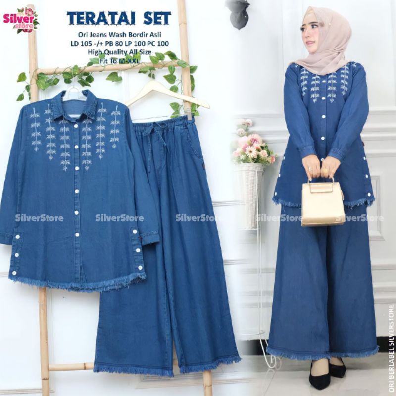 Teratai set celana kulot jeans mix bordir