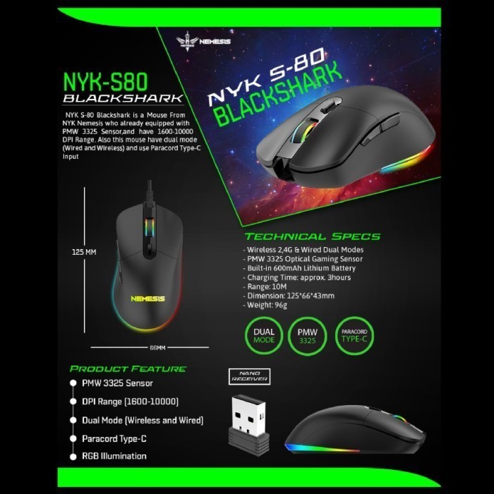 NYK Nemesis S-80 Black Shark S80 Gaming Mouse Dual Mode Wired Wireless
