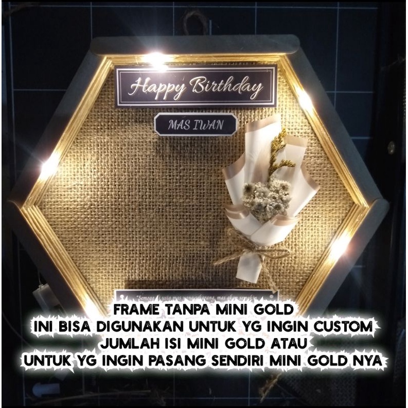 Mini Gold 0,025gr, 0,05gr, 0,1gr in Hexa Frame (Free Giftbox Rustic)| Mini Gold in Frame | Kado Pernikahan, Kado Ulang Tahun, Wisuda, Anniversary, dll. kekinian bingkai hexagonal stik es krim-Frame Tanpa MiniGold