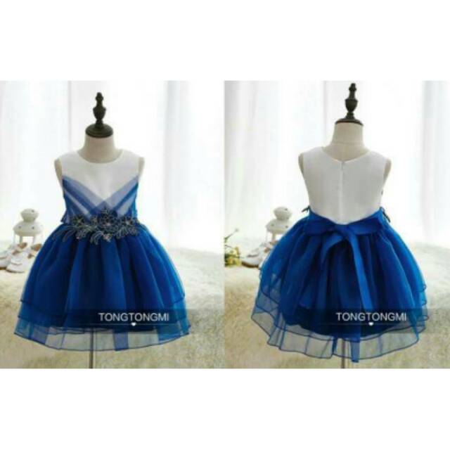 DRESS TONG-TONGMI (TTM) ATS WHITE PG BRUKAT TEMPEL BELAKANG TILE BAWAH ROK MEKAR BLUE/BIRU