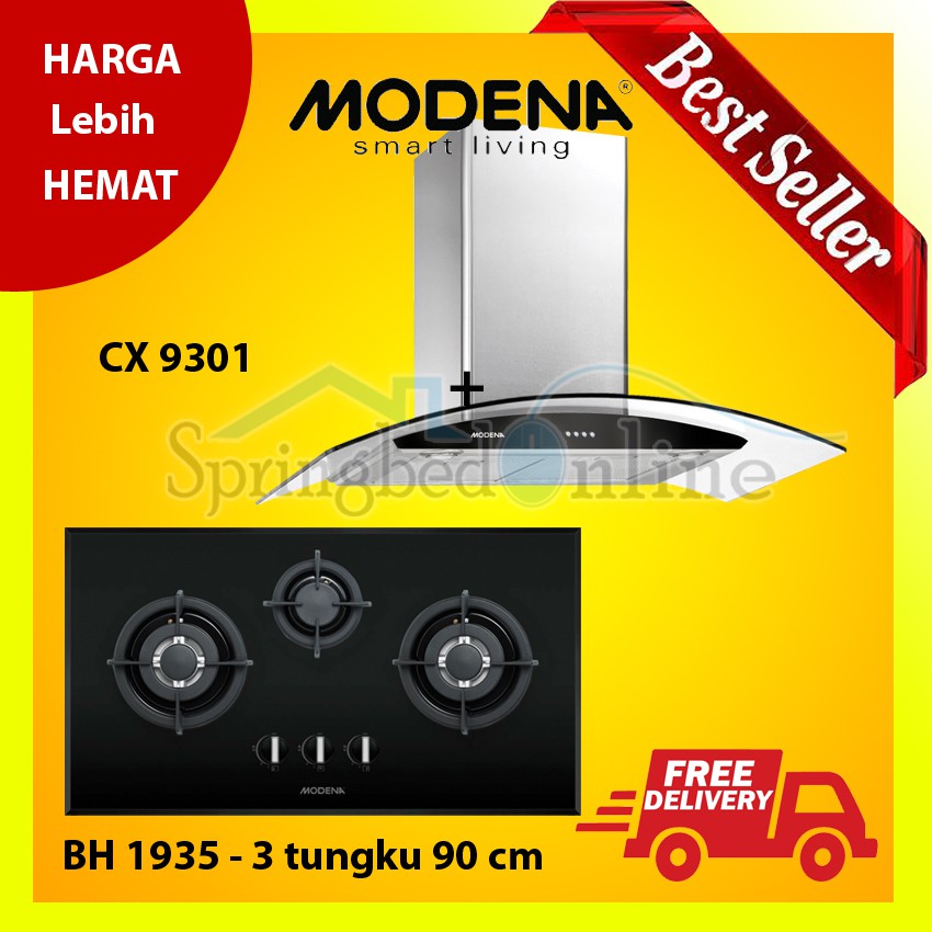 MODENA Paket Kompor Tanam 3 Tungku 90 cm dan Cooker Hood 90 cm - BH 1935 &amp; CX 9301