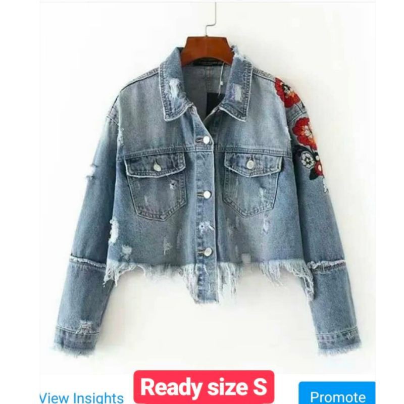 BERSHKA DENIM CROP JACKET / DENIM CROP JAKET BORDIR CEWEK IMPORT MURAH