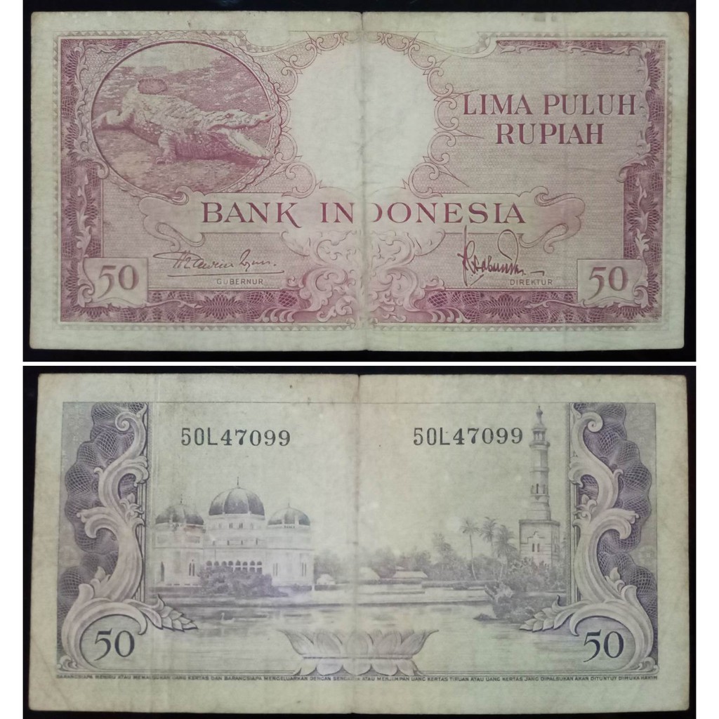 Uang Kuno 50 Rupiah Tahun 1957 Seri Hewan (Buaya) Prefik Satu Huruf "L"