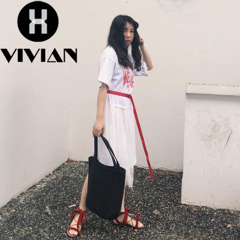 ?VIVIAN?Dress Kaos Sambungan Mesh Midi Asimetris Motif Print Gaya Korea untuk Wanita