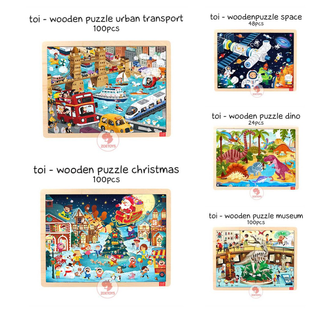 Zoetoys TOI - Wooden Puzzle Space Dino Museum Transport Christmas | Frame Jigsaw Puzzle Anak | Mainan Edukasi | Cari Kado Natal