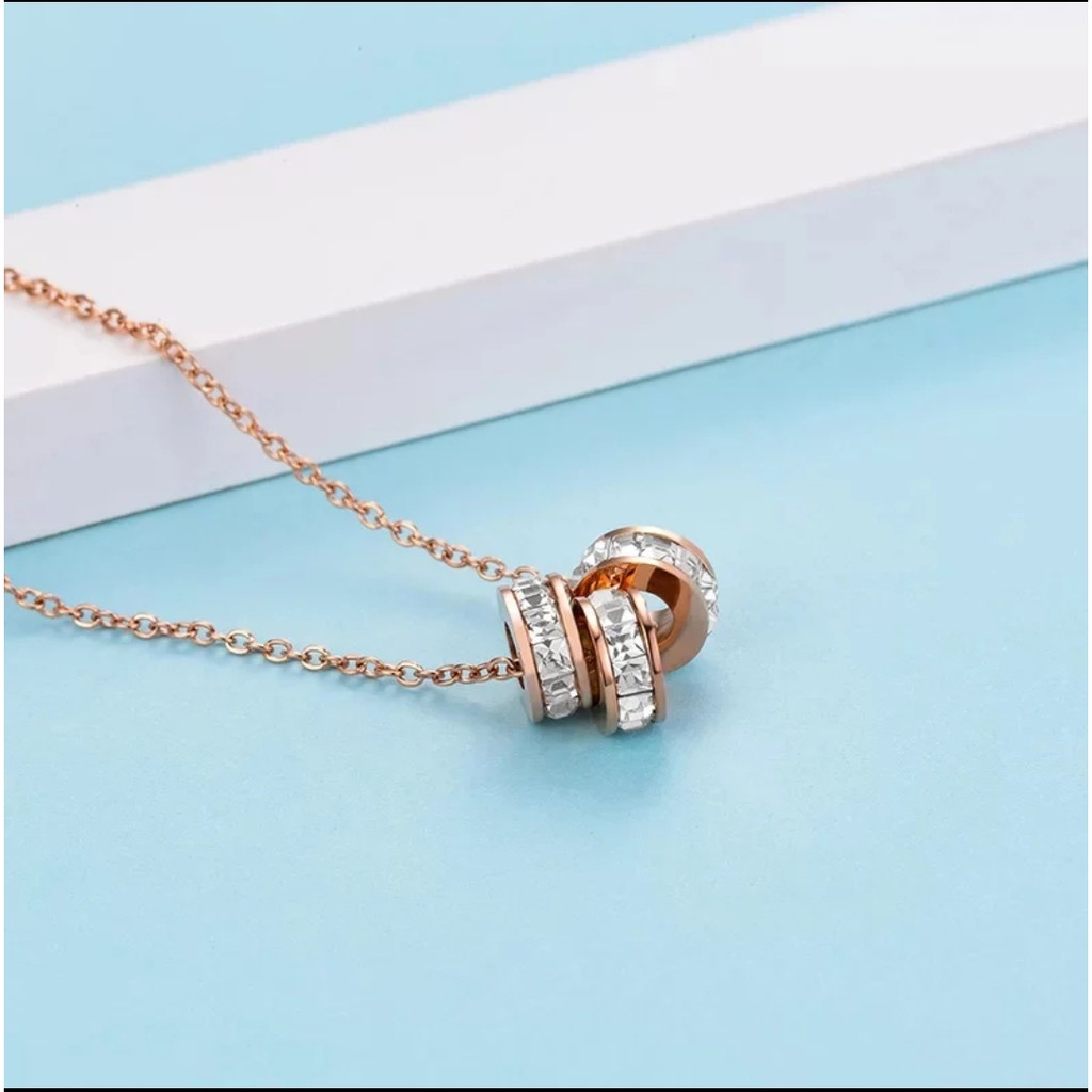 Kalung Rantai Titanium 3 Ring Kristal Putih Tersedia Warna Rosegold dan Gold