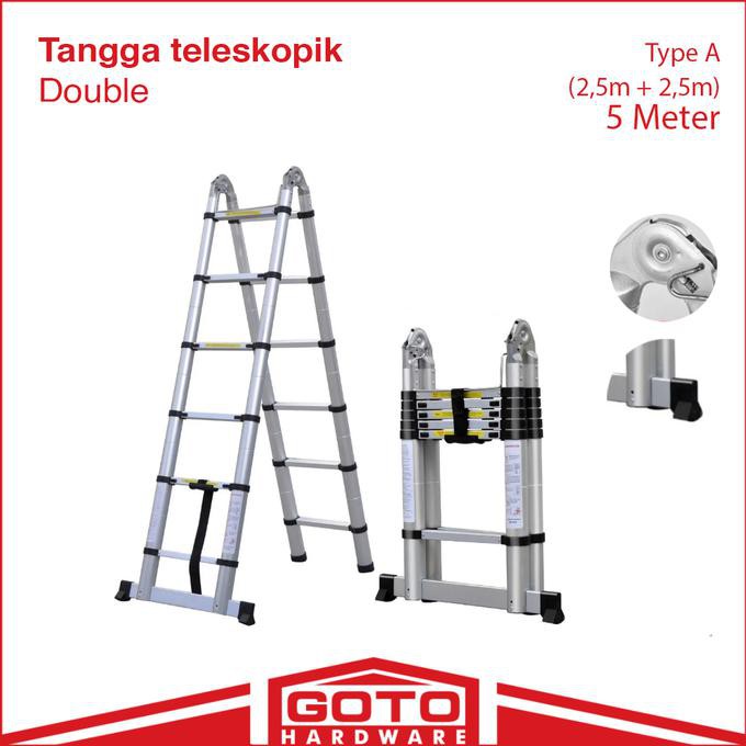 Diskon Tangga Lipat Aluminium Teleskopik Tipe A 2.5+2.5 = 5M Double Kualitas Baik