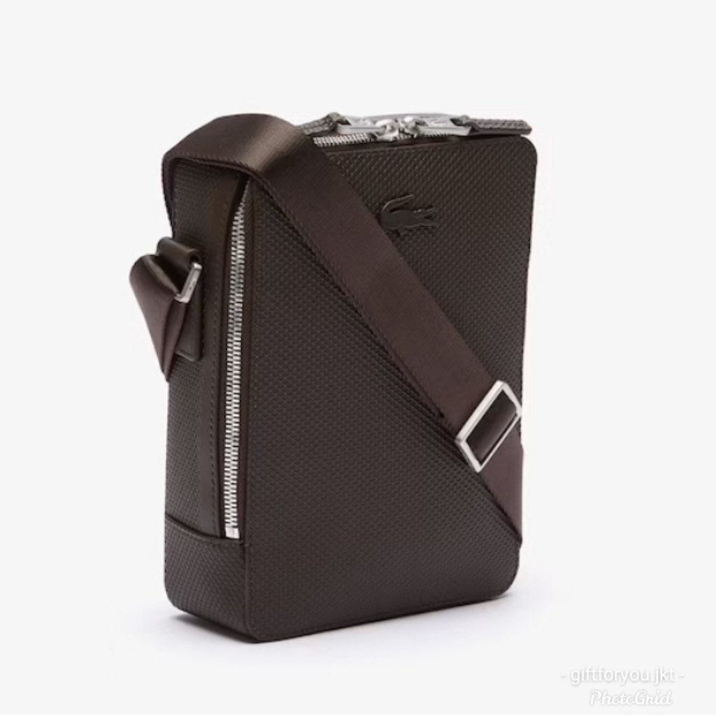 Lacoste Men's Chantaco Matte Stitched Leather Vertical Camera Bag Tas Selempang Cowok Pria Coklat