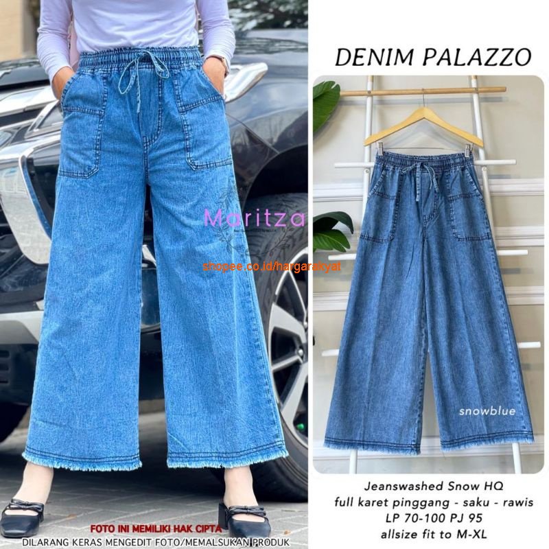 Denim Palazzo Celana Jeans Outfit Minimalis Pinggang Kolor Saku Kanan-Kiri | Outfit Remaja Terbaru Kekinian