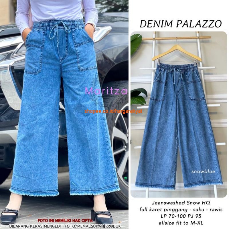 Denim Palazzo Celana Jeans Outfit Minimalis Pinggang Kolor Saku Kanan-Kiri