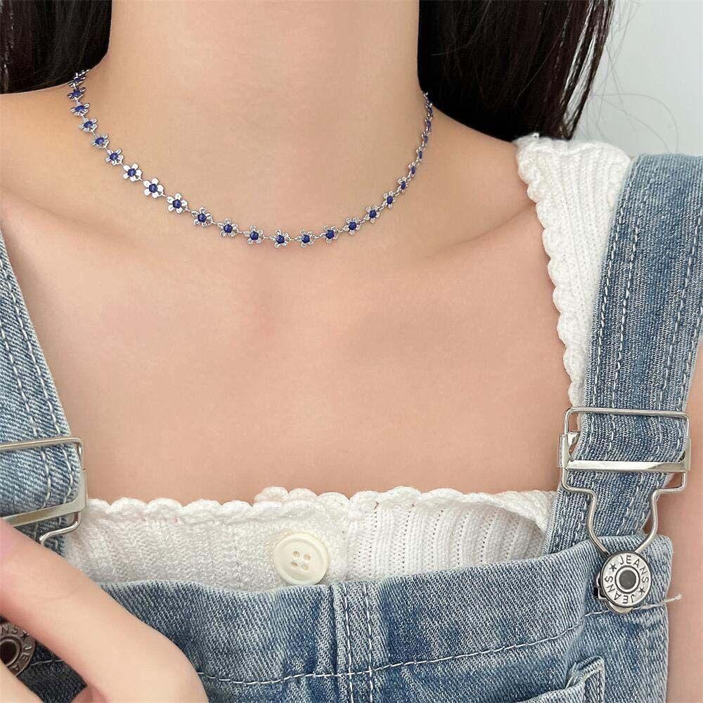 Mxbeauty Kalung Bunga Kecil Kepribadian Manis Bunga Biru Minimalis Logam Gadis Gaya Korea Necklace