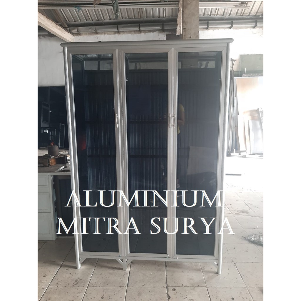 Rak Lemari Kaca Display Riben Gelap Furnitur Ruang Kamar Kantor Kaca Aluminium SUPER 3 Pintu