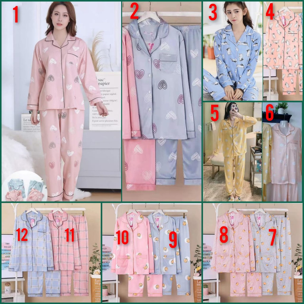 Baju tidur piyama lengan panjang celana panjang bahan spandek import