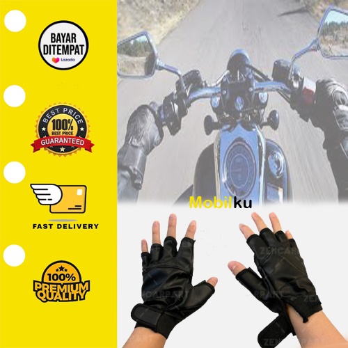 [BISA COD] Sarung Tangan Motor Kulit Sintetis Half Finger Glove Protector Hitam Protektor Touchscreen Anti Slip Sarung Tangan Batok