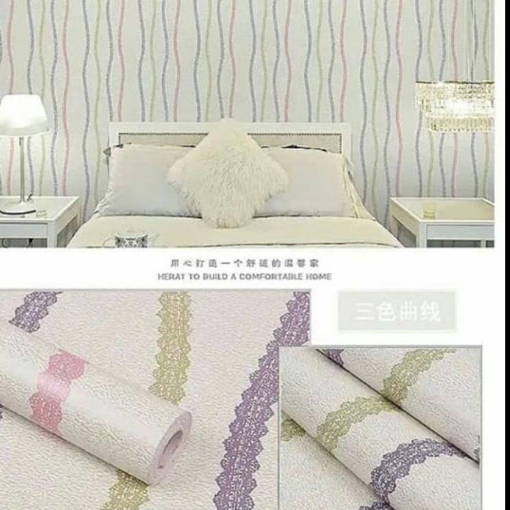 | Wallpaper Sticker Dinding Salur Putih Pink Hijau Silver Ungu Biru Elegan Ruang Tamu Minimalis