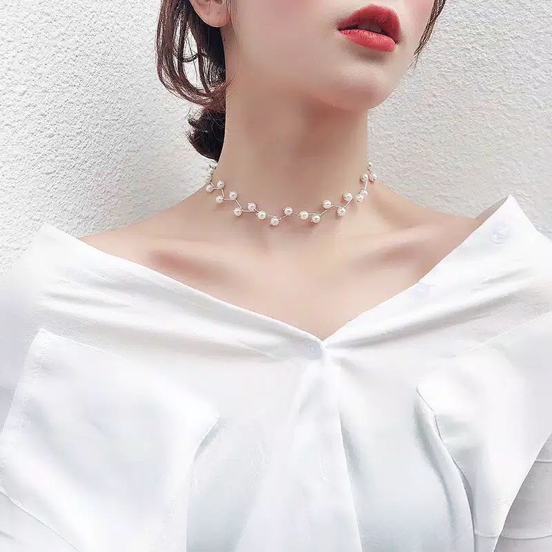 FerenHongXia Kalung Choker Simple Elegan dengan Mutiara untuk Wanita