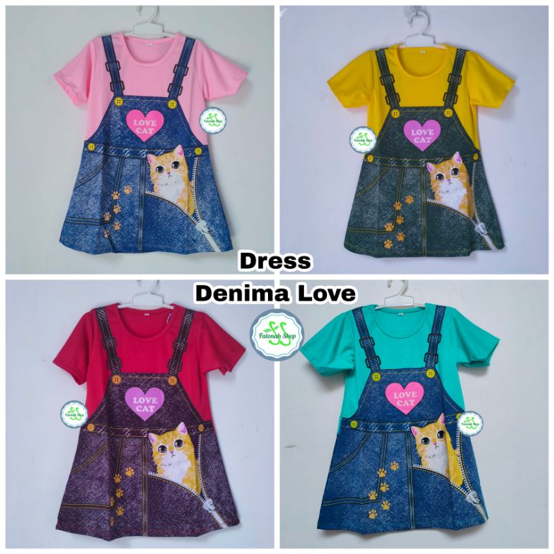 Dress Anak 1 2 3  tahun KUCING cat bear unyu adem Model baru fatonah shop jawa tengah merah kuning pink oren murah ( Dress DENIMA )