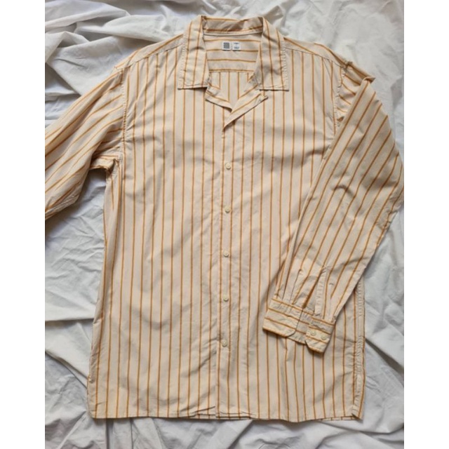 Kemeja Uniqlo U Open Collar Bowling Shirt Motif Stripe Cream Second