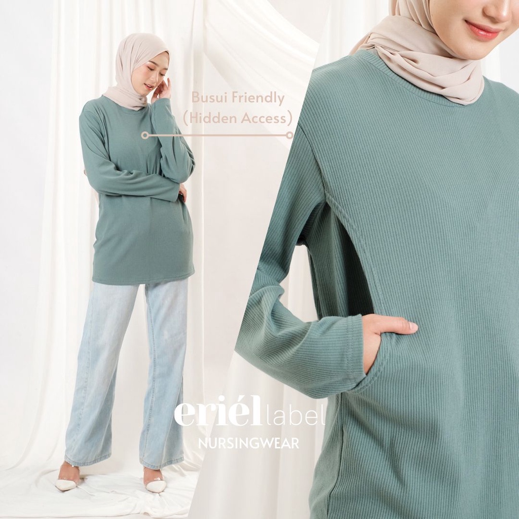 BUNA - Kaos Busui Panjang Bukaan Kanan Kiri Atasan Casual Bahan Knit Rib Wafer Wafel Baby Terry Cotton Spandek Rayon Menyusui Nursing Wear Nursingwear Eriel