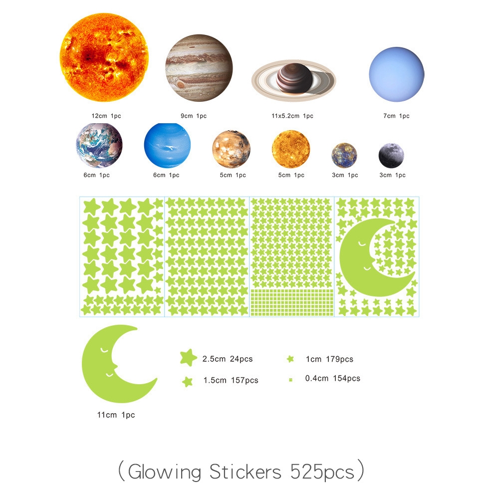 525pcs/pack Luminous Moon Stars Planets Fluorescent Wall Sticker/DIY Stiker Dinding Decal Digunakan Untuk Dekorasi Rumah/Self-adhesive Kamar Tidur Langit-Langit Kabinet Glow In The Dark Wallpaper
