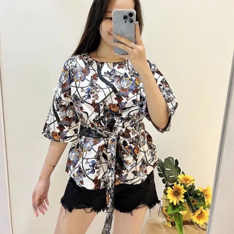 RIBBON BOW TIED TOP BLOUSE WANITA BLACKOUT DELIGHTLINE - MOTIF SAKURA FLOWER - LENGAN PANJANG 7/8-SKURAWHITE BLUEYELOW