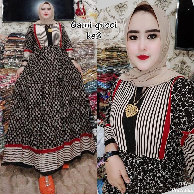 Gamis shakila motif gucci // gamis guci kra // gamis lv terbaru // gamis SHR terbaru