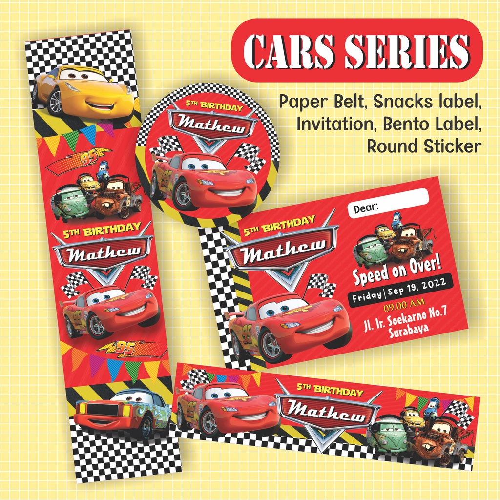

Cars paper belt, plastik snaacks dan label, undangan ulang tahun, sticker bento