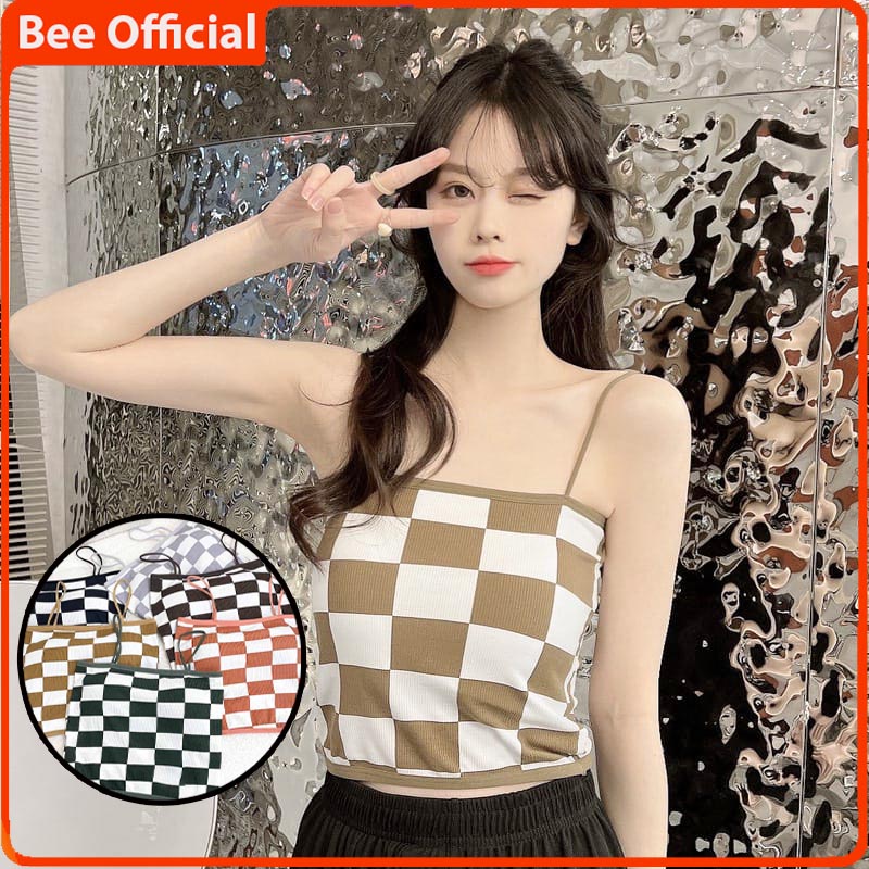 BEE - Tanktop Wanita Motif Kotak Bra Wanita Model Papan Catur Pakain Dalam Wanita Crop Top Rajut Ala Korea 900