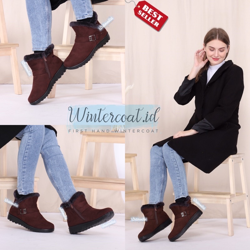 Boots winter wanita import  sepatu musim dingin hangat bulu murah black hitam empuk Fitri