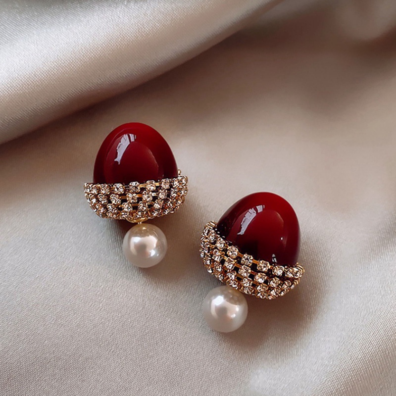 Fancyqube Anting Stud Kristal Mutiara Berlian Imitasi Model Pita Bunga Cherry Merah Untuk Wanita