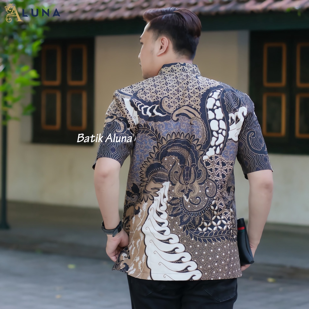 BAJU BATIK PRIA KEKINIAN LENGAN PENDEK PREMIUM BATIK PRIA KEREN MODERN PRODUKSI BATIK ALUNA PD 015