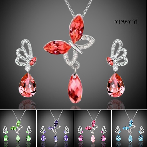 OW@ Women Cocktail Crystal Butterfly Cubic Zirconia Necklace Stud Earrings Jewelry Set