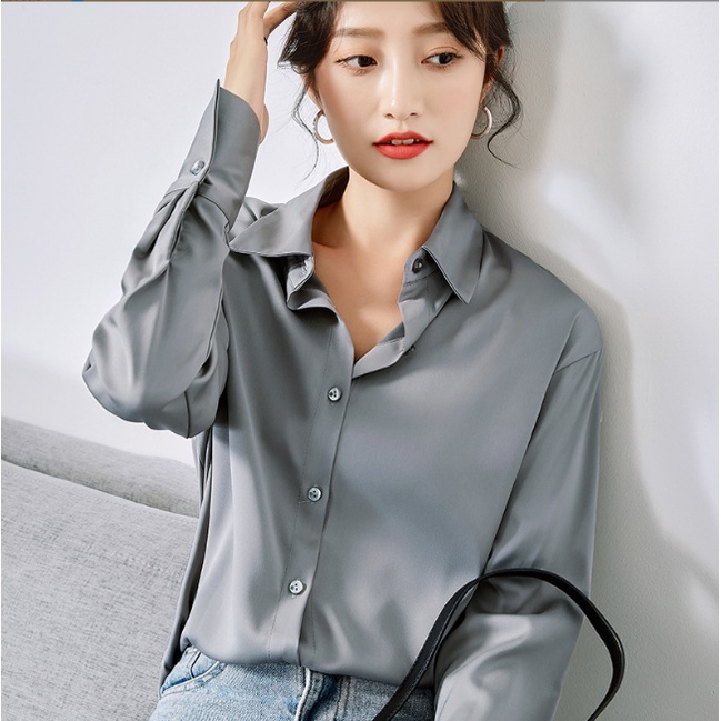 【Moon Blush】Korean Solid Button Import Halus Lembut Satin Shirt 7053(S/M/L)