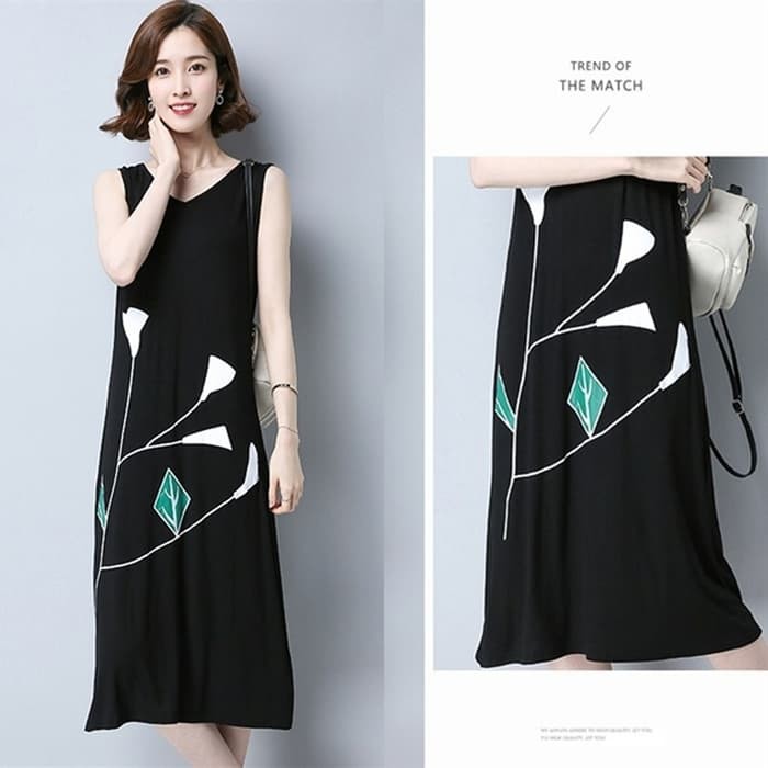 Long Dress Midi Santai Casual Baju Wanita Korea Import Tank Top HItam Murah