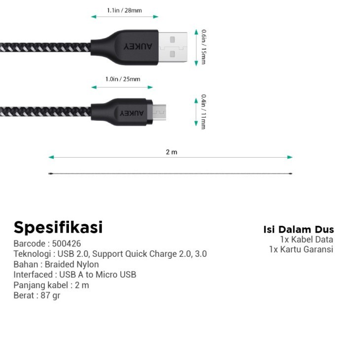 Aukey Cable CB-BAM2 2M USB 2.0 to Micro Braided Nylon