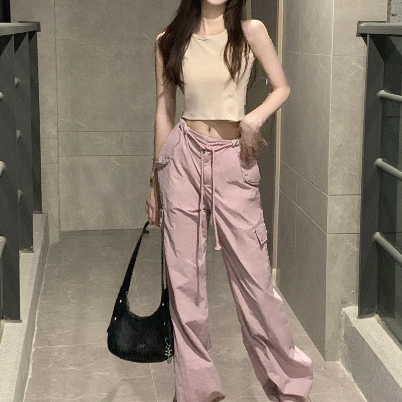 Suhao Serut Pinggang Tinggi Merah Muda Overall Celana Kasual Wanita Musim Panas Saku Celana Mahasiswa Slim Versi Korea Lurus Lebar Kaki Celana Panjang