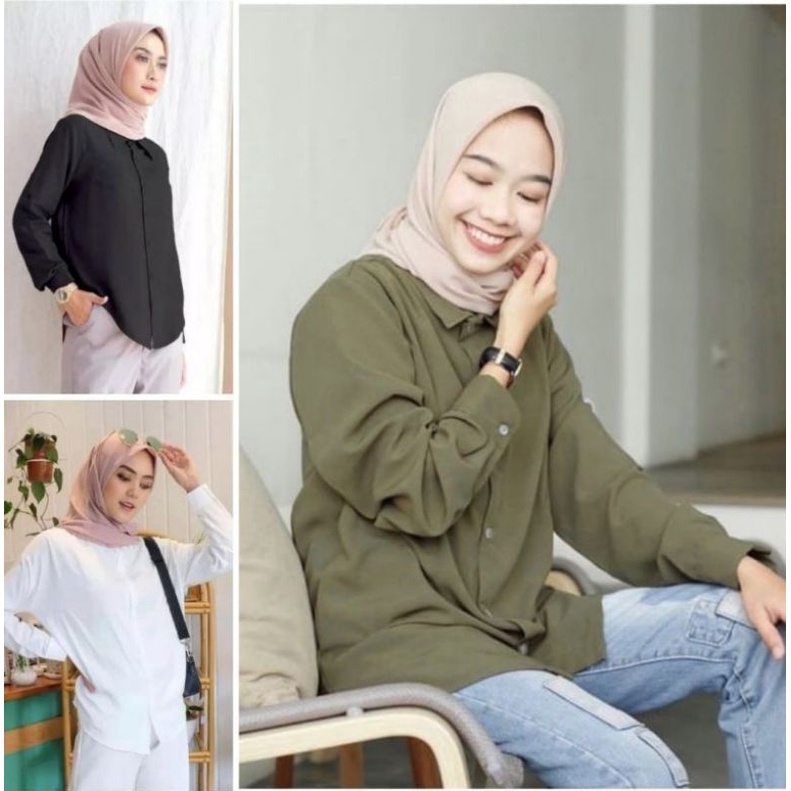 Baju Kemeja Polos Wanita Putih Lengan Panjang Casual Size M L XL XXL 3XL