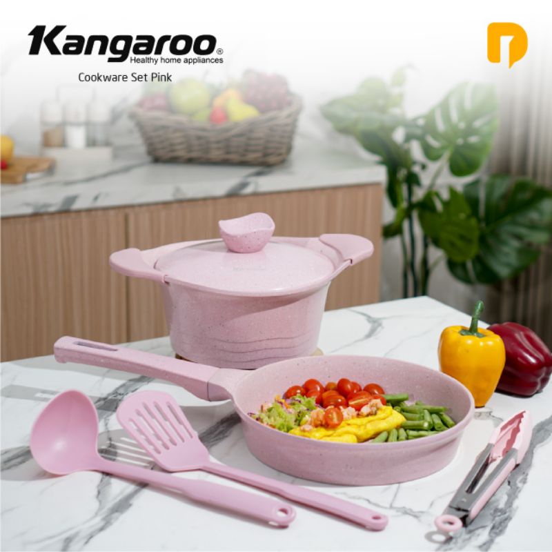 READY Panci Set Kangaroo Cookware Set Pink Original Panci Kangaroo Frypan Casserole Panci Teflon Waj