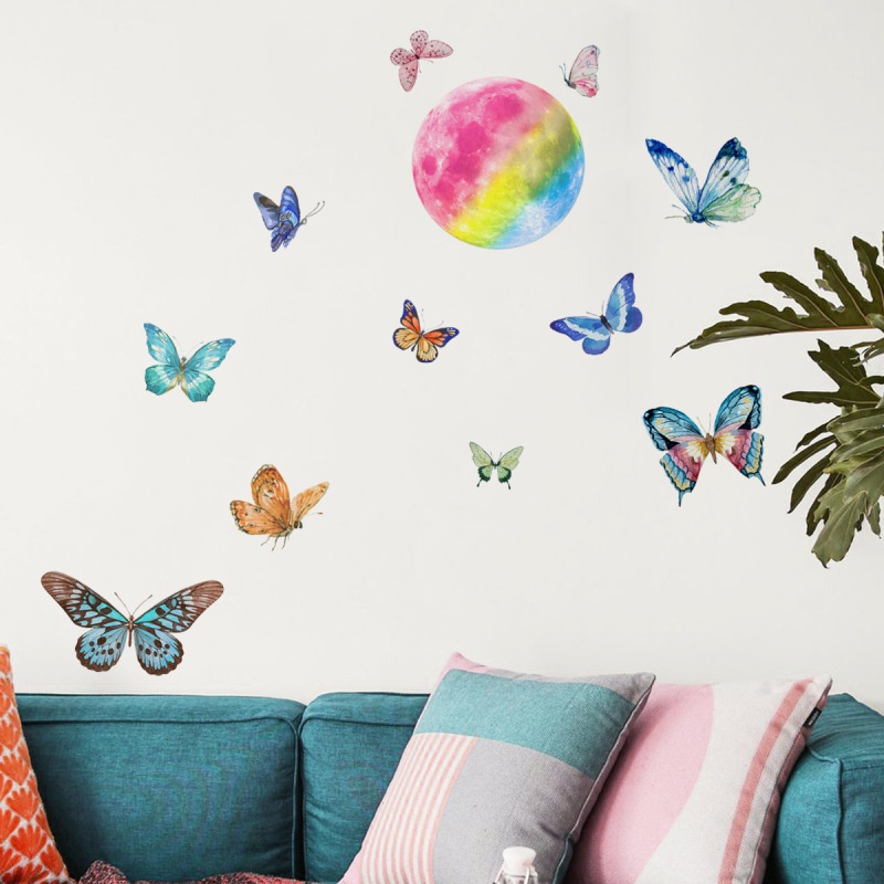 Stiker Dinding Desain Butterfly Moon Luminous Dapat Dilepas Untuk Dekorasi Kamar Tidur Anak