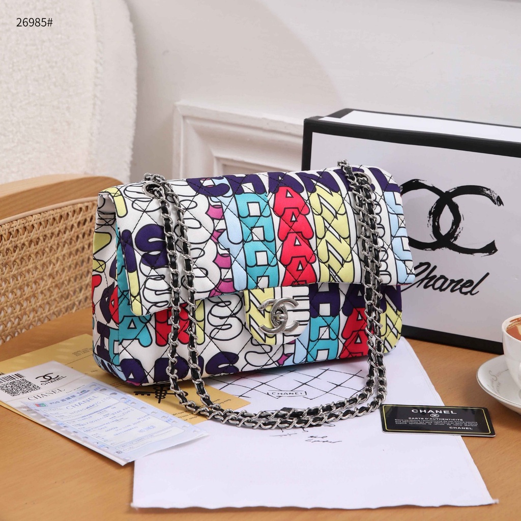 CH New Multi Color Rainbow Fabric Gold Leather Chain Shoulder Flap Bag 26985