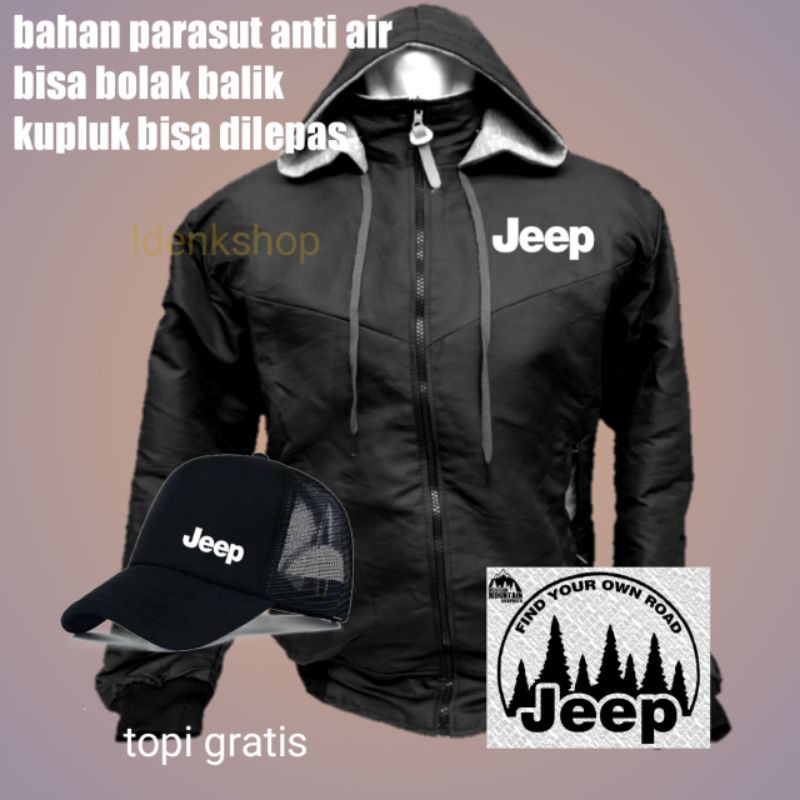 jaket parasut Jeep ,hitam bisa bolak balik anti air free topi kupluk bisa dibuka pasang reselting