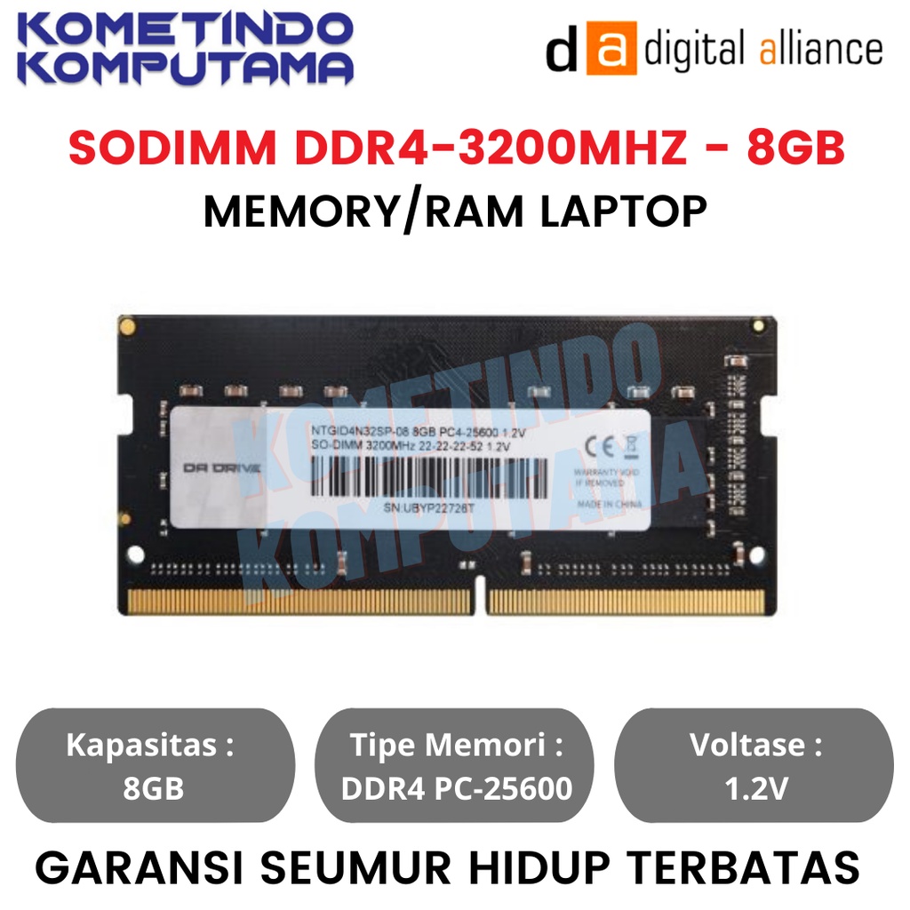 8GB DA Memory Laptop SODIMM 8GB DDR4-3200MHz / PC25600 RAM DIGITAL ALLIANCE