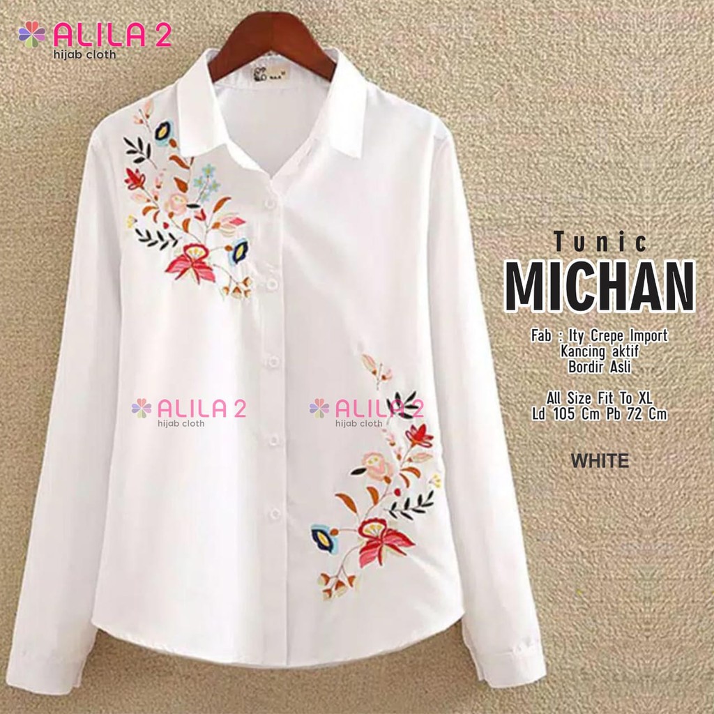 realpict MICHAN toyobo ori bordir motif bunga asli white atasan wanita alila hem putih kemeja cewek