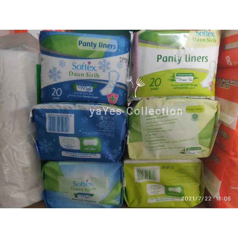 Softex ekstrak daun sirih 20 pads wing non panty liners green tea pembalut antibakteri septik sayap