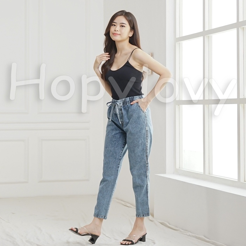 HOPYLOVY Celana Boyfriend Jeans Wanita Pinggang Karet BF Snow Eva