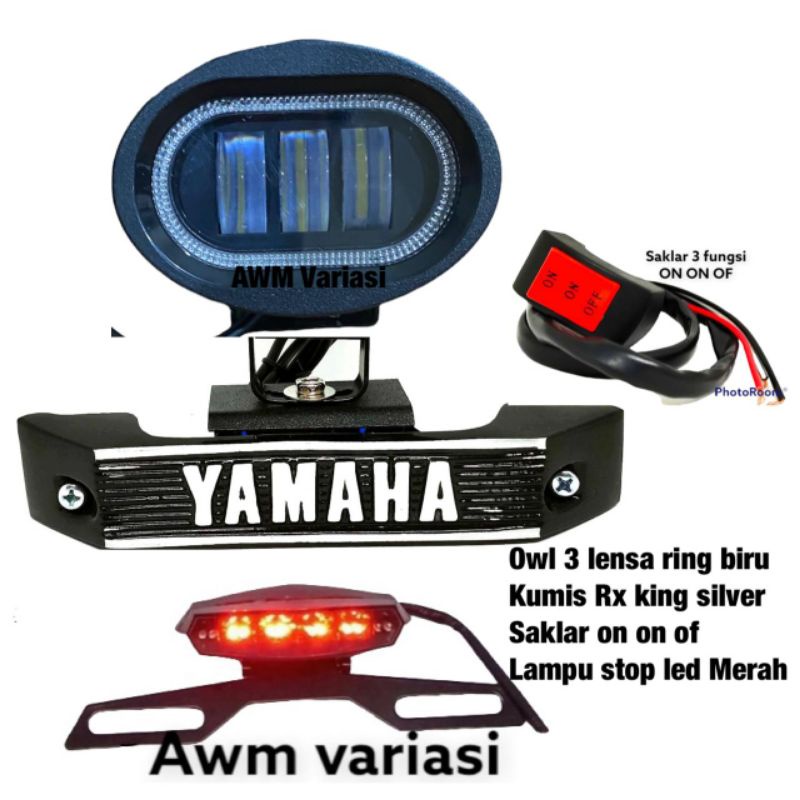 PAKET LAMPU TEMBAK DAYMAKER / OWL 3 LENSA BULAT SPOT LIGHT SUPER TERANG + KUMIS RX KING + SAKLAR + LAMPU STOP BELAKANG